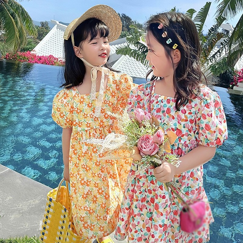 Đầm Công Chúa Tay Phồng Cổ Vuông Hở Lưng In Họa Tiết Hoa Phong Cách Hàn Quốc Đơn Giản Dành Cho Bé Gái
