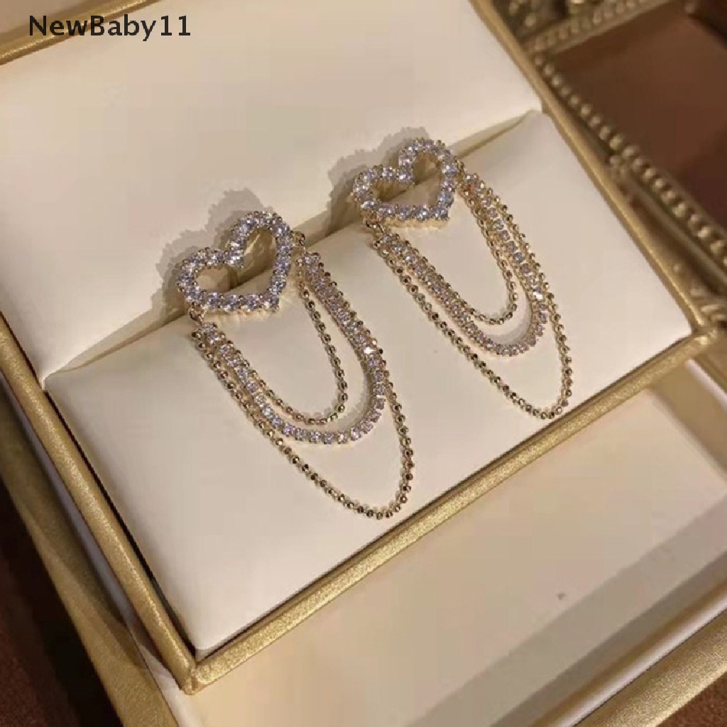 Khuyên Tai Tua Rua Nhiều Lớp Hình Trái Tim Đính Đá Phong Cách Hàn Quốc Mới