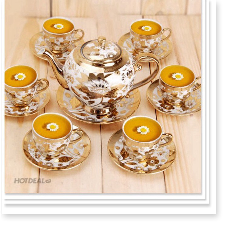 BỘ TÁCH TRÀ HOA VĂN NHŨ VÀNG HOÀNG GIA - BỘ ẤM CHÉN UỐNG TRÀ 6 LY CAO CẤP