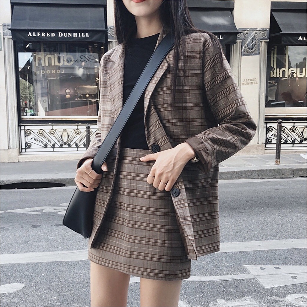 [Ảnh thật] Áo blazer kẻ caro 2 lớp túi nắp phong cách Hàn Quốc - Áo vest caro dáng rộng ulzzang