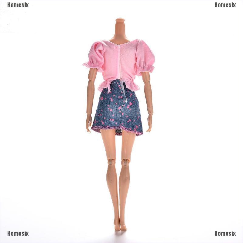 Set 2 Bộ Áo Thun Màu Hồng + Chân Váy Denim Cho Búp Bê Barbie
