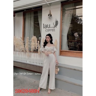 Set bộ quần ống rộng phối áo croptop tay bèo vãi đũi