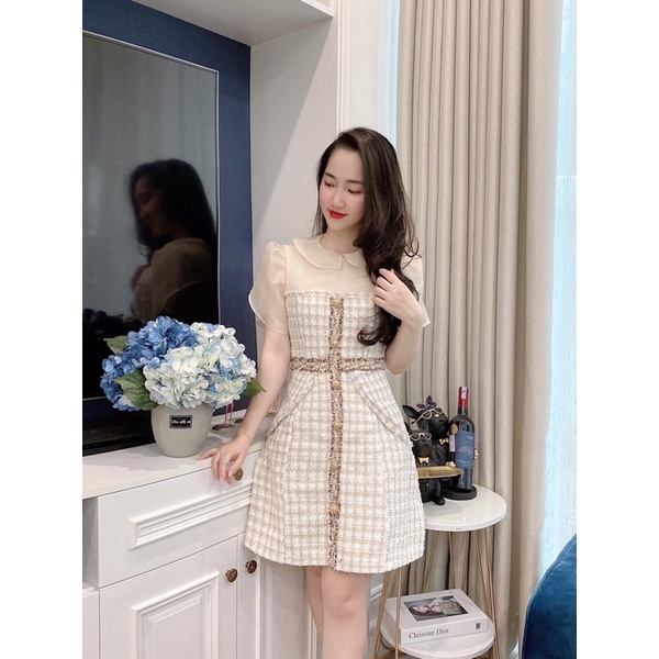 Đầm/váy dạ tweed ngắn tay viền kim tuyến cổ bèo tơ