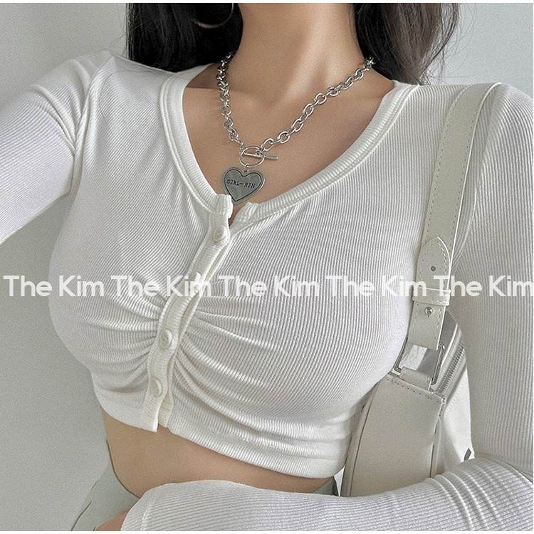 Áo thun tăm tay dài croptop nhún ly cúc ngực , áo dài tay cho nữ cổ tròn dáng ngắn ôm body The Kim AD125