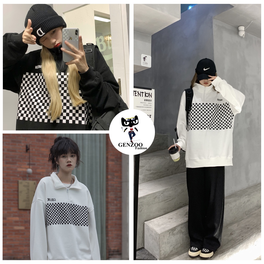 Áo Sweater Nỉ Nữ GENZOO Áo polo form rộng chất nỉ cổ kéo khóa Ulzzang Ô VUÔNG