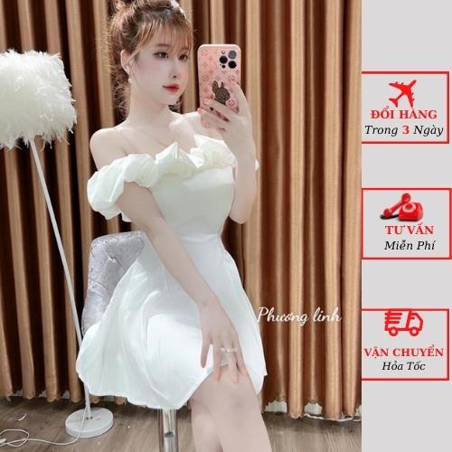 Váy trễ vai nữ viền bèo đen trắng tiểu thư bánh bèo đi tiệc cưới ulzzang Hàn Quốc