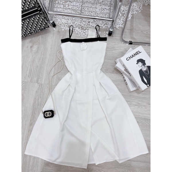 Sét đồ áo cúp ngực phối quần dài chất kate xốp TRIPBLE T DRESS phối trắng đen hoa cài ngực siêu xinh - Free size