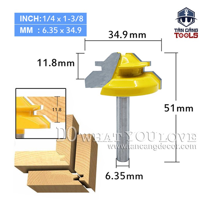 Mũi Router Ghép Góc 90 Độ Cho Ván Dày 10 - 12 mm Cốt 6.35 mm