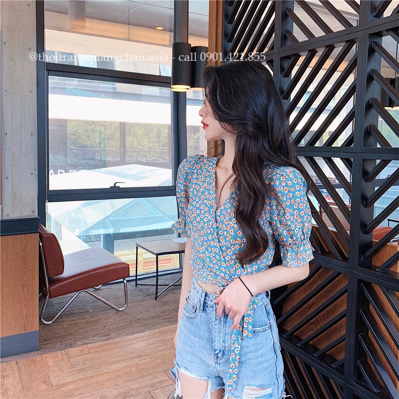 Áo Croptop Hoa Nhí Xanh Bo Eo “Phong Cách Hàn Quốc” Mã QC65