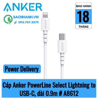 Cáp sạc nhanh anker powerline select lightning to usb-c, dài 0.9m - a8612