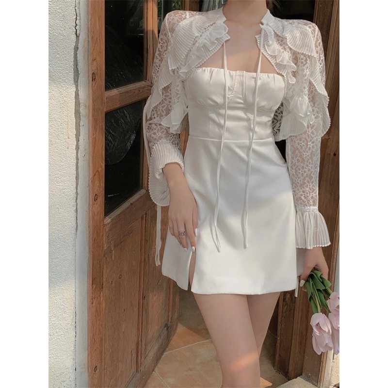 [Có ảnh thật] Set áo khoác ren tay dài+đầm 2 dây gợi cảm phong cách ulzzang SAM SAM BOUTIQUE | BigBuy360 - bigbuy360.vn