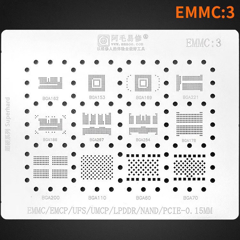 Khuôn AMAOE EMMC3 BGA Cho Đèn Flash Android Nand Flash EMCP UFS LPDDR 153 162 169 200 221 254 60 70 186 200 Tin Net