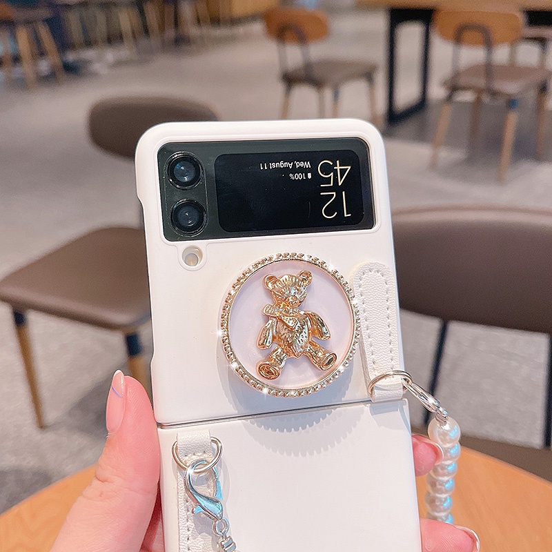 Bao Da Điện Thoại Nắp Gập Mặt Nhám Kèm Dây Đeo Tay Hình Gấu Dễ Thương Cho samsung galaxy z flip 5 4 3 5g flip4 flip3 Ốp