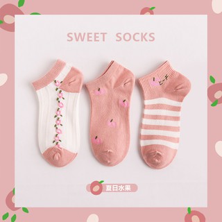 Vớ cổ thấp nữ Dễ thương In hình Trái cây Cổ thuyền Cotton Nhật Bản Tất Nữ Cổ ngắn Cute Màu Hồng