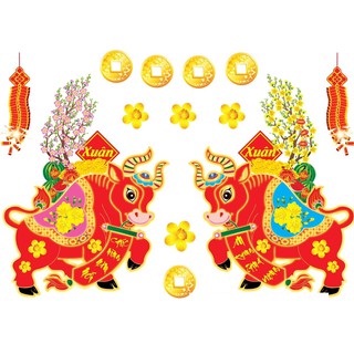 Decal trang trí tết TRÂU ĐỎ CHÚC XUÂN MẪU 32 (kèm họa tiết nổi)