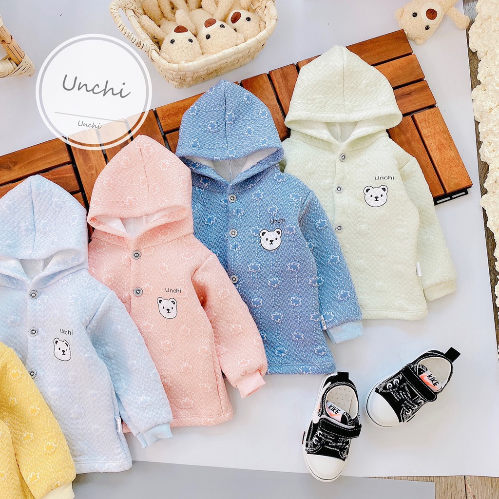 Áo khoác bé trai, Áo khoác bé gái nỉ xốp trần bông unchi có mũ 5-12kg
