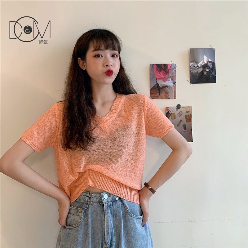 Áo Len Tay Ngắn Cổ Chữ V Màu Trơn Phong Cách Hàn Quốc | BigBuy360 - bigbuy360.vn