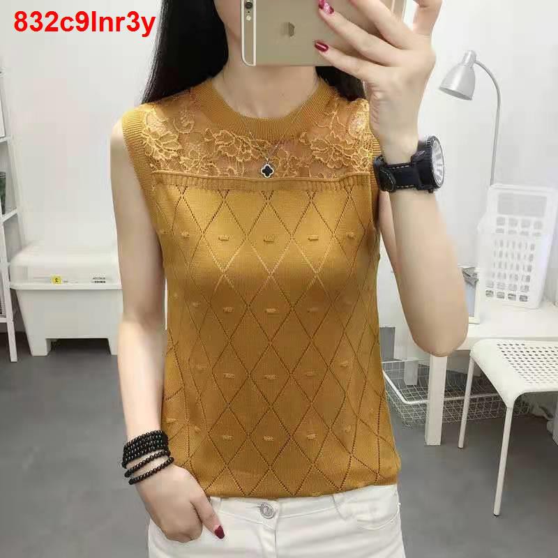 đầm xoèren băng T-shirt dưới cùng áo sơ mi không tay rộng rãi phù hợp với mùa hè vest nữ ngắn len dệt kim mỏng h1