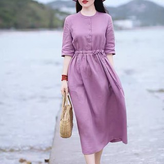 Đầm Linen rút eo, cổ tròn tôn dáng