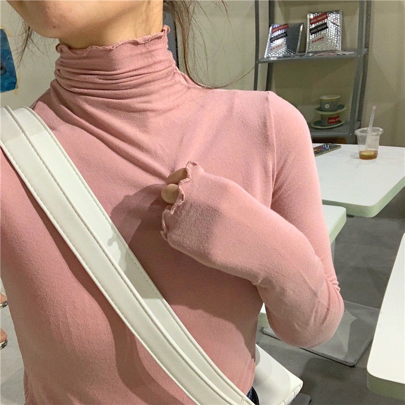 Áo Thun Nữ Tay Dài Cổ Cao Phối Ren Phong Cách Hàn Quốc