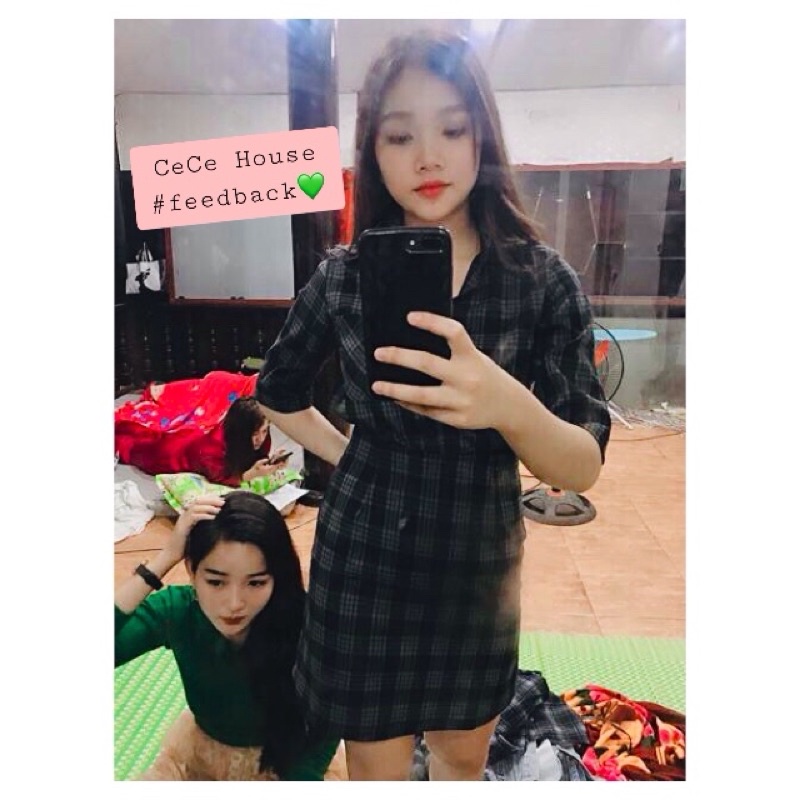 Set đầm sơ mi kèm chân váy kẻ caro thanh lịch, Set bộ 2 món, Set công sở  - cece house