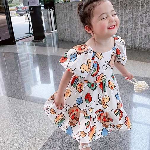 váy cho bé gái Đầm Công Chúa Tay Phồng Cổ Tròn In Họa Tiết Hoạt Hình Dễ Thương Thời Trang Mùa Hè Cho Bé Gái 1-6 Tuổi