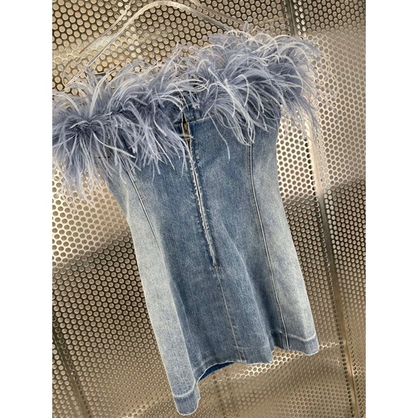 Đầm jeans ôm chễ vai tua rua sexy thương hiệu YSL cao cấp