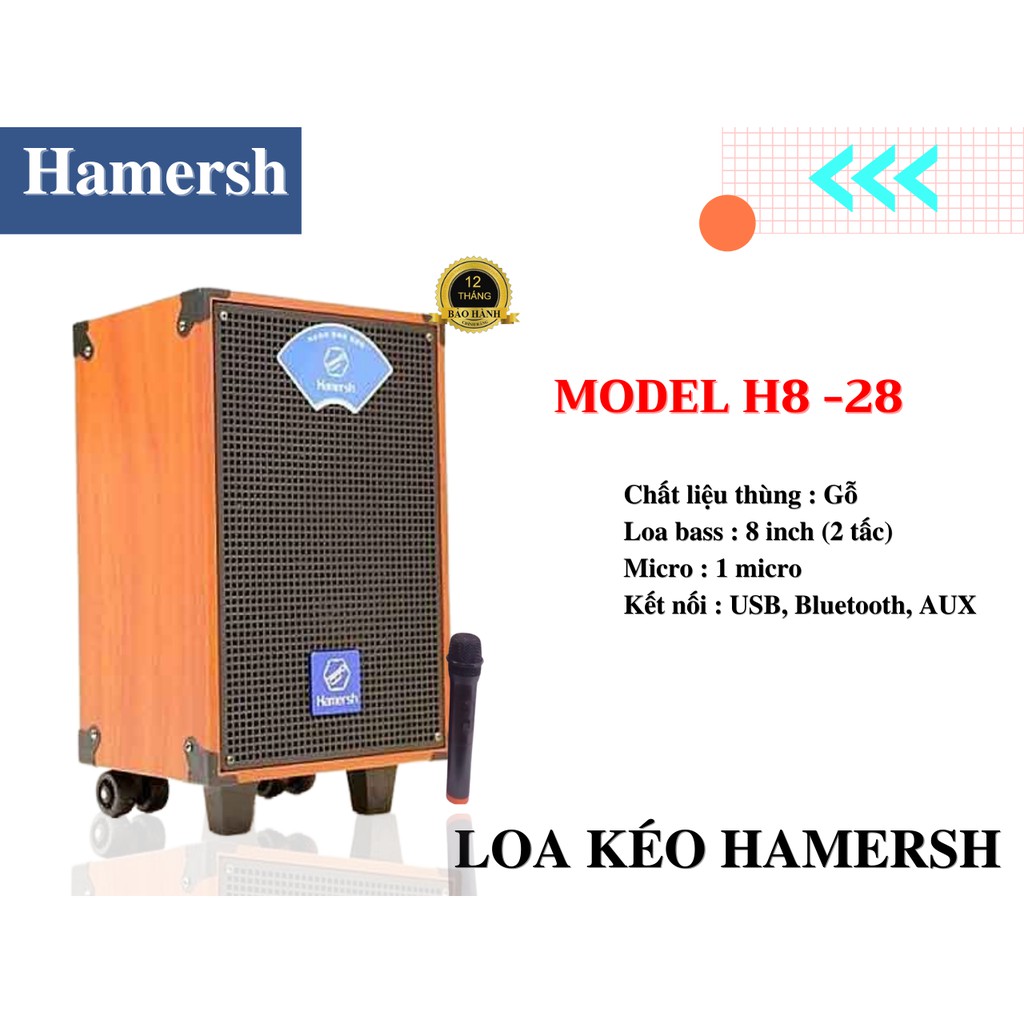 Loa kéo thùng gỗ hát karaoke, nghe nhạc bass 2 tấc kết nối bluetooth, usb HAMERSH H8-28 hàng chính hãng