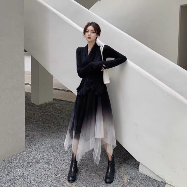 Set Áo Vest Kèm Váy Voan Tầng Ombre Sang Chảnh