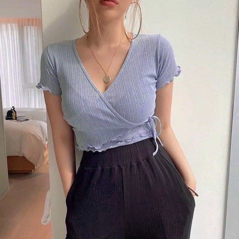 [Ảnh Thật] ÁO CỘT NƠ EO TÀ CHÉO  Chizishop- Mã 0711