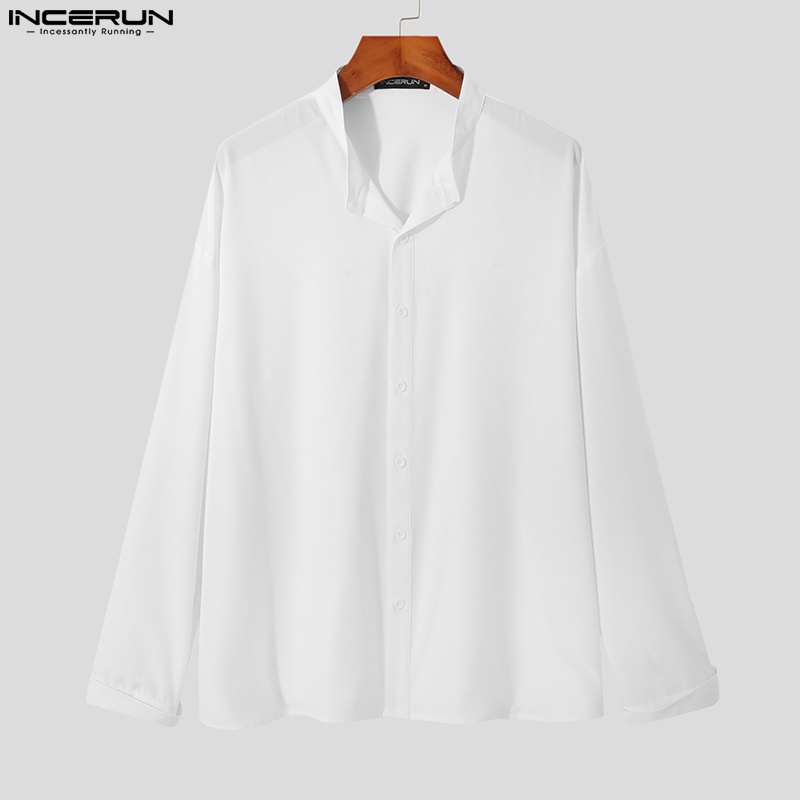 Áo sơ mi INCERUN tay dài cài nút màu trơn cỡ lớn thời trang trẻ trung dành cho nam