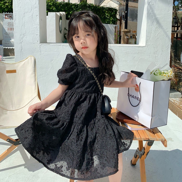 Đầm Công Chúa Màu Đen Cổ Vuông Tay Phồng Thời Trang Mùa Hè Cho Bé Gái