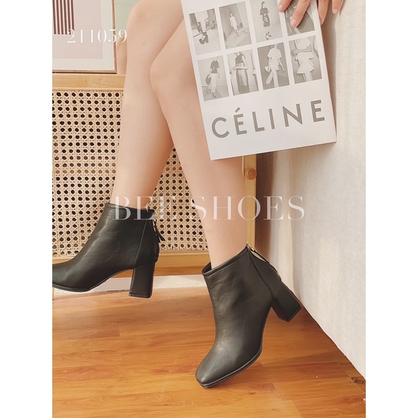 BEESHOES - BOOT NỮ DA MỀM MŨI VUÔNG - BOOT NỮ ĐẾ TRỤ CAO 7CM CÓ SẴN MÀU ĐEN - KEM 211059