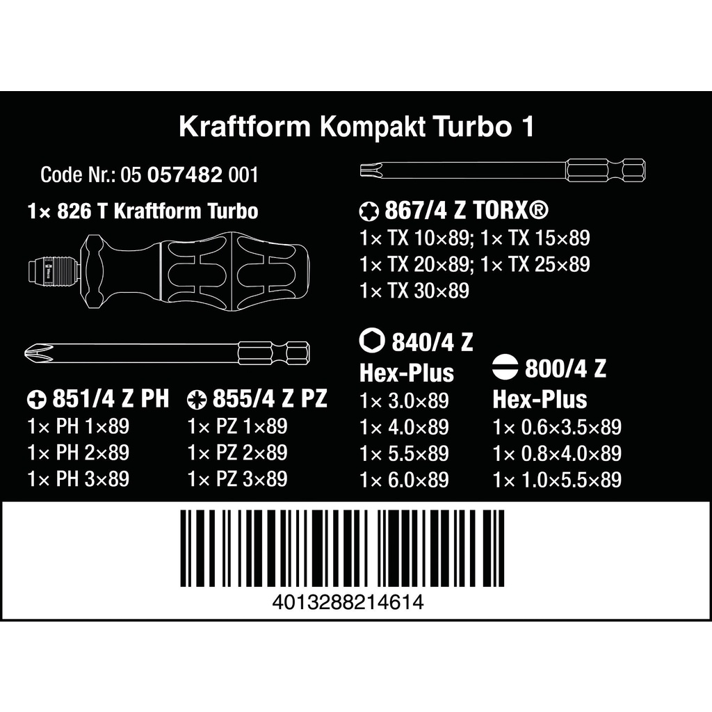 Bộ dụng cụ mở vặn vít Turbo Wera 05057482001 Kraftform Kompakt Turbo 1 với cán vít Turbo 1 vòng thành 4 vòng