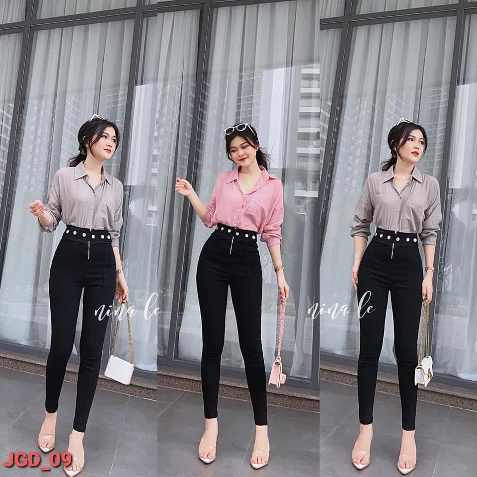Quần Jean Nữ Đen Trơn Cap Cao Siêu Co dãn dây đen 6 cúc đẹp BB Jeans