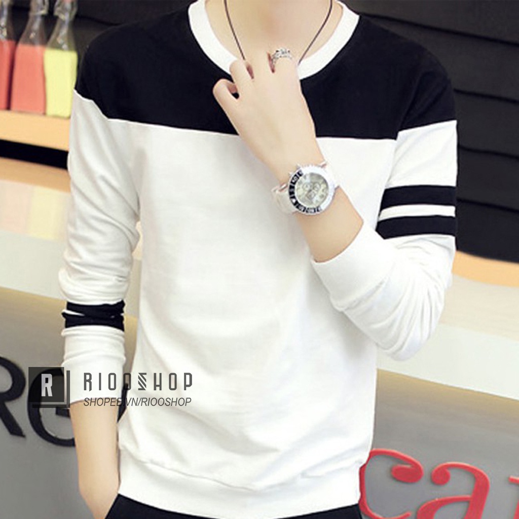 Áo thun nam tay dài hàn quốc hai màu tay phối sọc RKL021- áo phông nam dài tay đẹp Riooshop