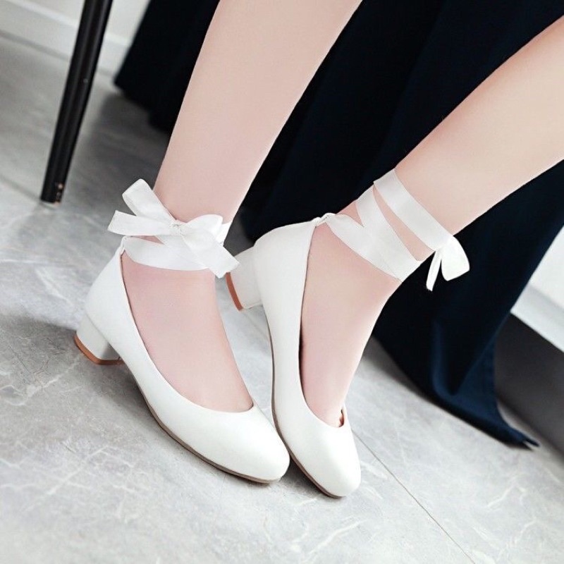 Giày búp bê buộc nơ đế thấp kiểu dáng dễ thương