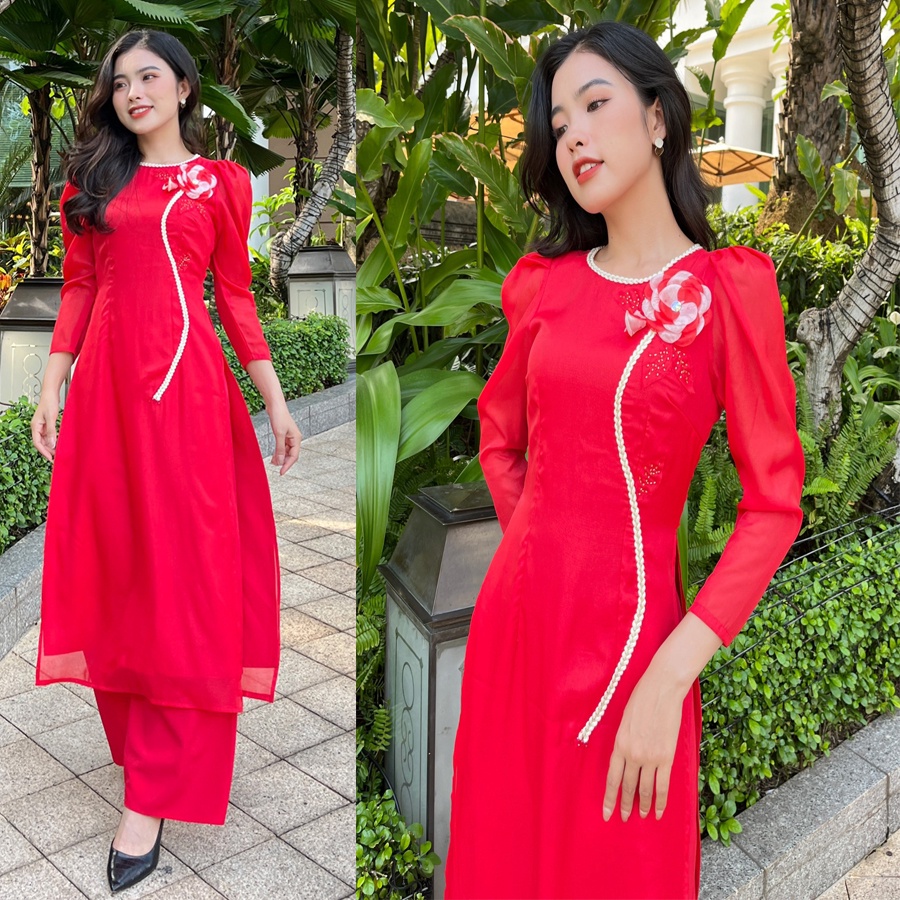Áo dài đỏ tơ ánh kim phối dây kết đá hiện đại-AD12