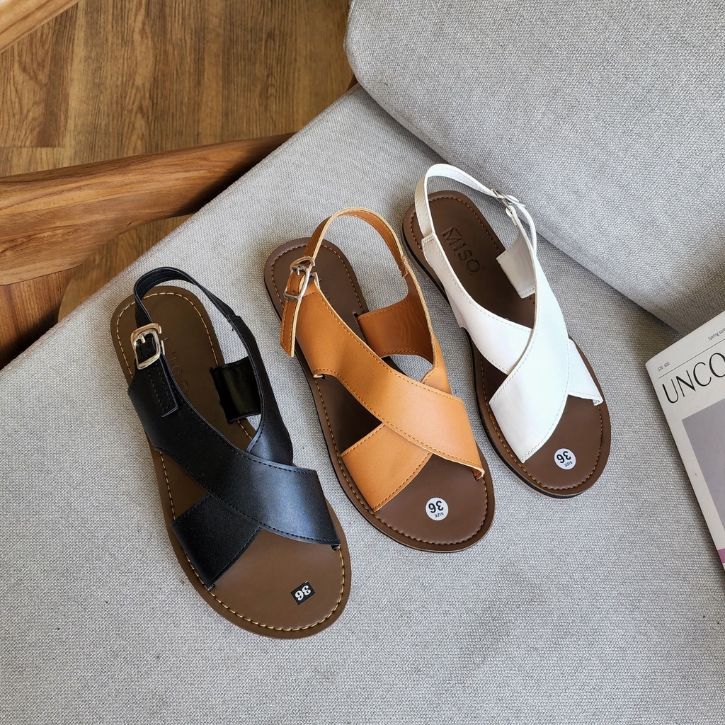 Dép Sandal Nữ Đi Biển Quai Chéo Bằng Da Đế Bệt Êm Chân MISO M002