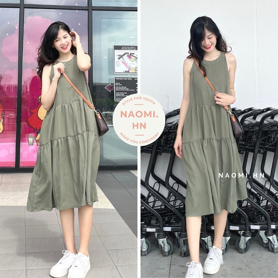 Váy babydoll 3 tầng chất đũi xốp cực nhẹ mát. Đầm nữ dáng dài xanh rêu trơn 3 tầng cổ yếm.