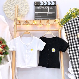 Áo croptop phối nút thêu hoa cúc
