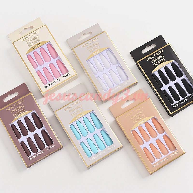 Bộ 24 móng tay giả màu trơn bằng nhựa resin dáng dài có hộp đựng cho nữ