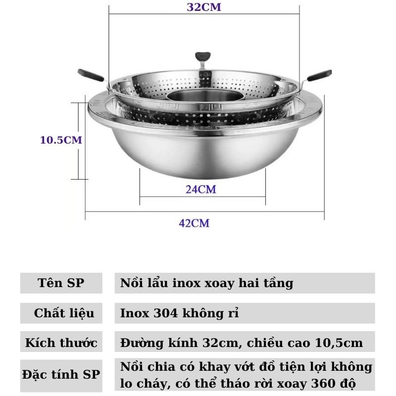 Nồi lẩu inox xoay 2 tầng Hàn Quốc Nồi lẩu inox 2 tầng bếp từ và bếp gas