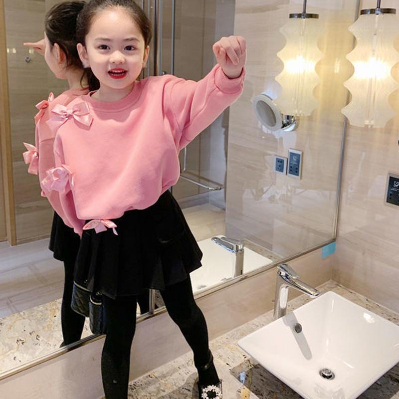 Áo sơ mi tay dài đính nơ màu trơn thời trang mùa thu cho bé gái Se7en