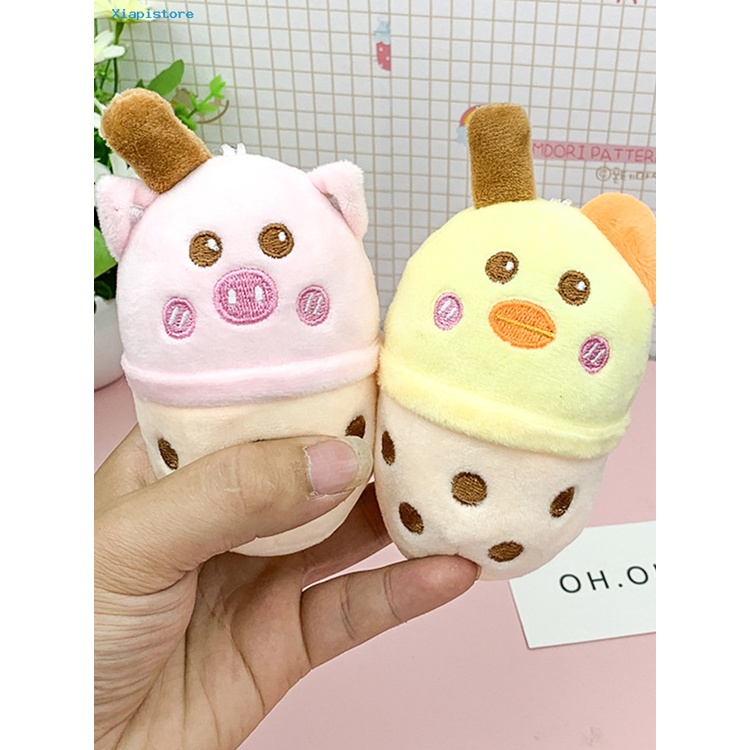 Móc khóa mềm hình gấu uống trà sữa/gà nhồi bông dễ thương