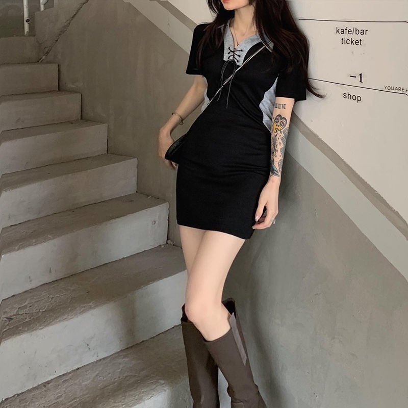 Đầm Ngắn Ôm Eo Cao Màu Đen Có Cổ Thời Trang Mùa Hè Dành Cho Nữ