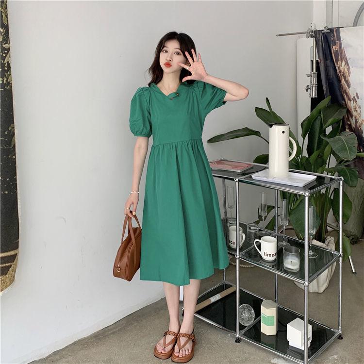 Yunyun Clothing Home ~ Summer 2021 New Korean Design Sense Neckline Buckle Lace Up Waist Short Sleeve Dress[delivery Within 15 Days ]