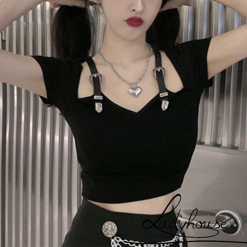 Áo Thun Croptop Tay Ngắn Cổ Chữ V Màu Sắc Trơn Phong Cách Gothic Thời Trang Mùa Hè Dành Cho Nữ