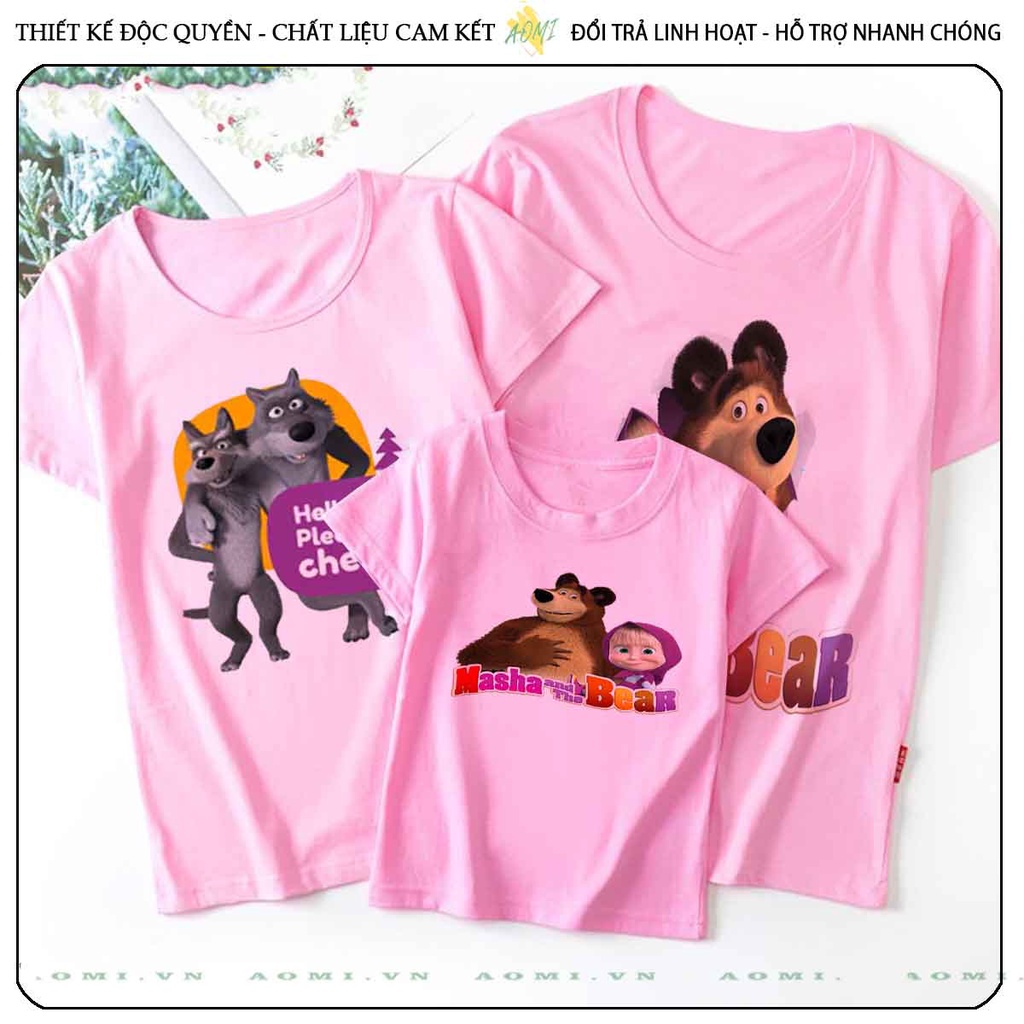 ÁO THUN masha and bear gấu nâu UNISEX PHÔNG HỒNG TAY NGẮN NAM NỮ GIA ĐÌNH CẶP ĐÔI SIZE TRẺ EM BÉ TRAI GÁI AOMIVN