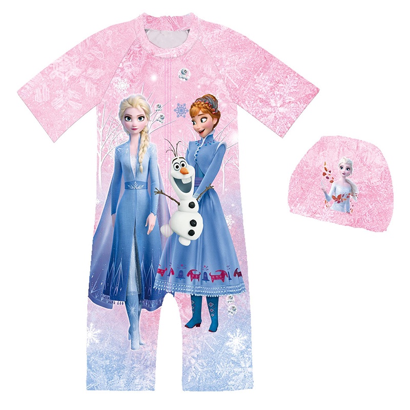 Bộ Đồ Bơi Liền Thân Tay Ngắn + Mũ Bơi Họa Tiết Aisha Dễ Thương Cho Bé Gái